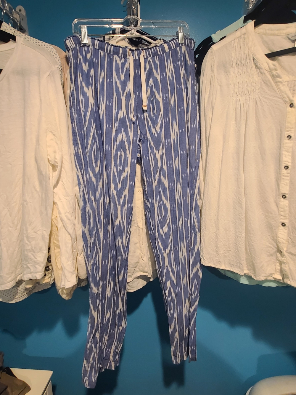 Women's Carbon2Cobalt Blue Ikat Print Drawstring 100% Cotton Casual Pants